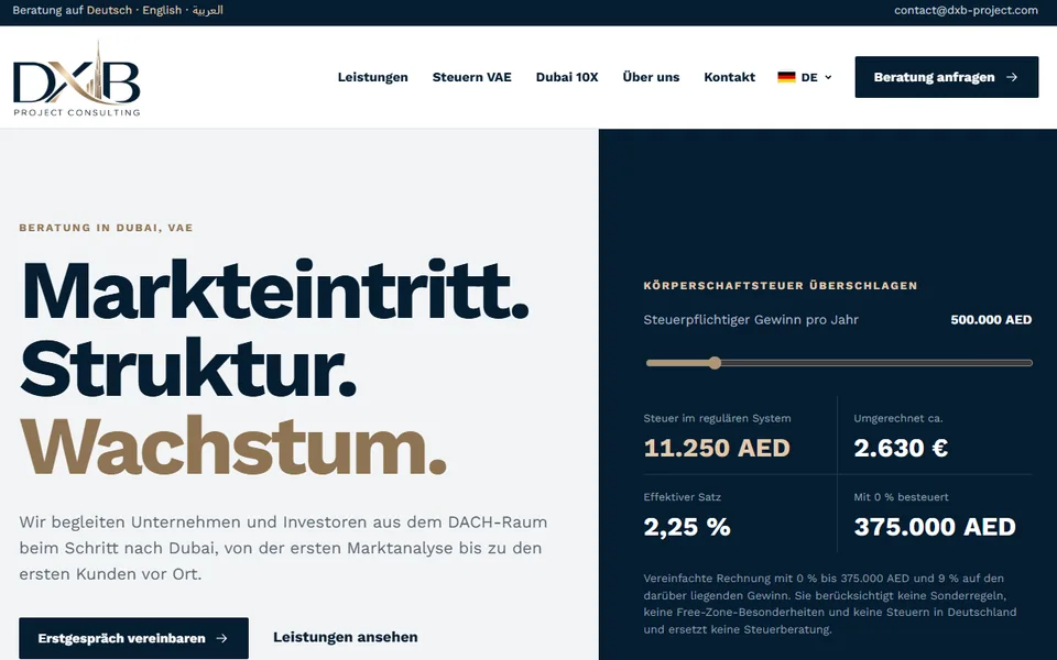 Home page of the DXB Project Consulting website