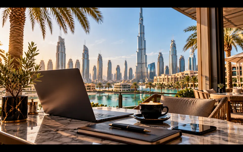 Laptop workspace on a terrace in Downtown Dubai