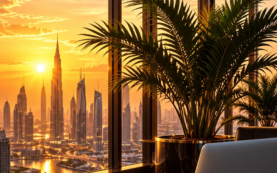View of the Dubai skyline from an office at sunset