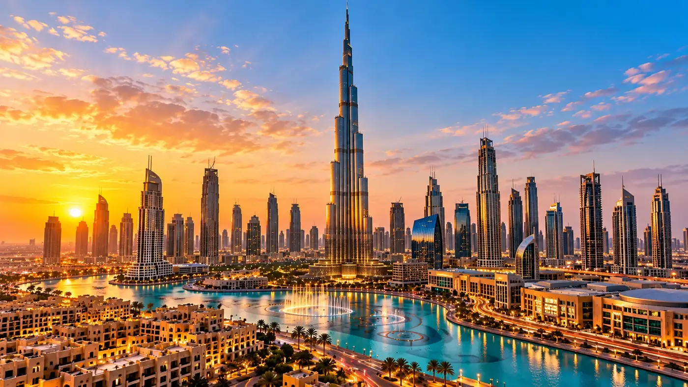 Downtown Dubai skyline with the Burj Khalifa in the evening