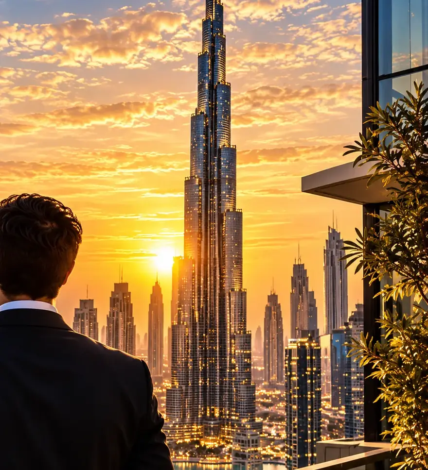 View of the Burj Khalifa from a rooftop terrace at sunset