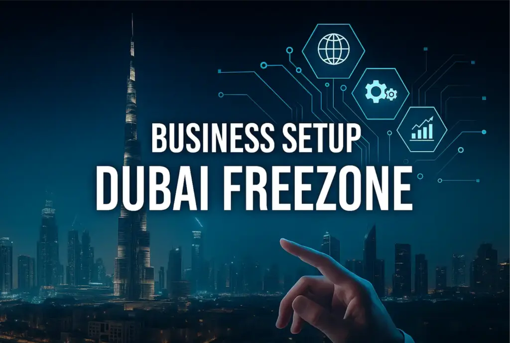 Futuristische Dubai-Skyline mit digitalen Business-Icons und dem Text „Business Setup Dubai Freezone“.