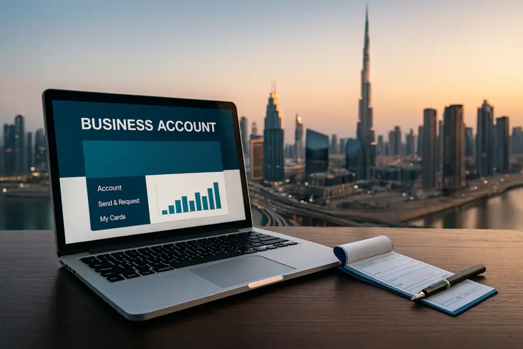 Laptop mit Business-Account-Dashboard vor der Skyline von Dubai, symbolisiert den Prozess der Firmenbankkonto-Eröffnung.