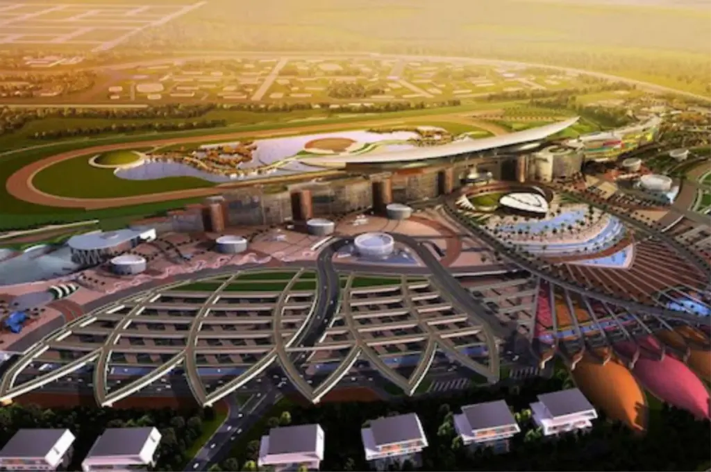 Modernes Freezone-Gebiet in Dubai aus der Luft, symbolisiert Unternehmensgründung und wirtschaftliche Möglichkeiten.